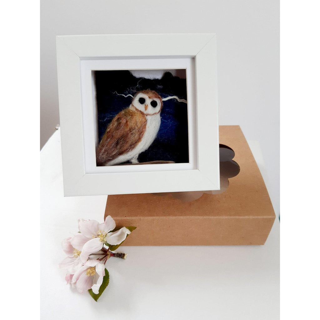 'Owl' mini  original felted artwork, framed.-Louisa Kelly Artist-Artisan Market Online